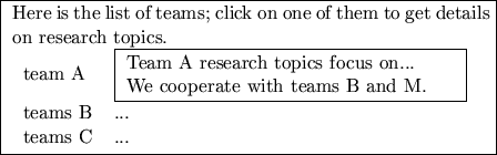 \fbox{
\parbox{.6\linewidth}{
\par Here is the list of teams; click on one of
th...
...rate with teams B and M.}}
\\
teams B & ...\\
teams C & ...\\
\end{tabular}}}